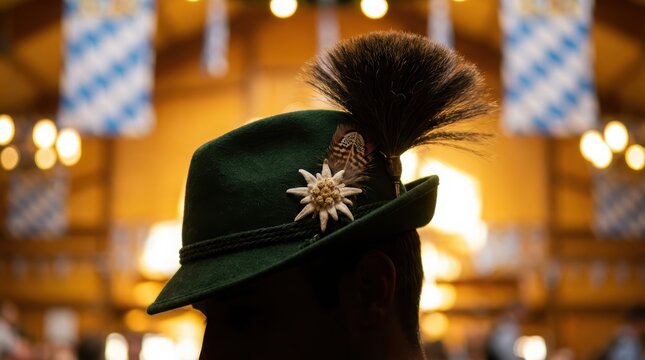 Traditional Bavarian green hat with edelweiss pin and gamsbart at Oktoberfest celebration.