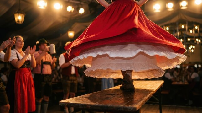 Traditional Bavarian dancer spinning her red dirndl skirt on a table at Oktoberfest.