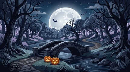 Fototapeta premium A spooky halloween landscape featuring a glowing full moon over a dark forest bridge with carved jack o lanterns
