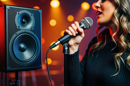 Singer woman holds pro wired microphone near audio speaker on stage. Female performer sings live song at night music concert event. Spotlight bokeh light background illuminates club venue during