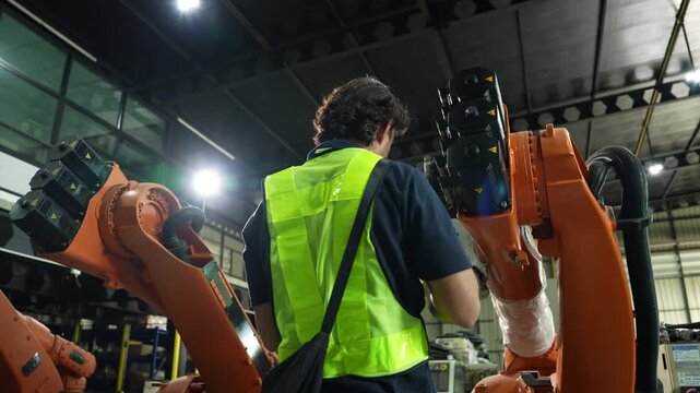Industrial engineer inspecting a robotic arm machine in an automated manufacturing factory, robotics, automation, smart manufacturing, machine maintenance, quality control and Industry 4.0 technology.