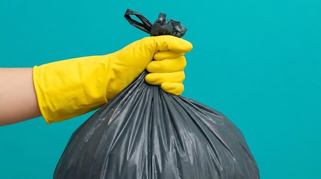 Hand in yellow rubber glove holding a black plastic garbage bag for cleaning and waste disposal