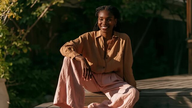 Woman in linen shirt and wide pants seated on wooden steps in soft golden light for boho lifestyle portrait background and editorial use