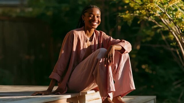 Sunlit portrait of a woman in a relaxed pose on deck steps surrounded by greenery for wellness background and calm lifestyle design
