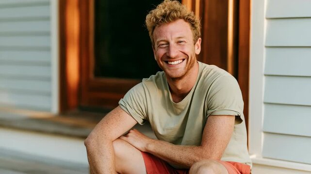 Smiling young man in casual summer clothes sitting on porch steps for lifestyle portrait background and banner use