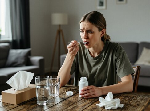 Woman takes medicine on spoon with water beside tissues at wooden table. She feels unwell at home, needs rest and hydration to recover. Sick person taking medication during daytime.