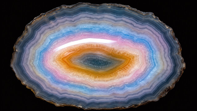 Polished agate slice overhead macro showing concentric banded chalcedony rings in blue-grey lavender cream sky blue rose pink amber with translucent mirror-polish surface on black