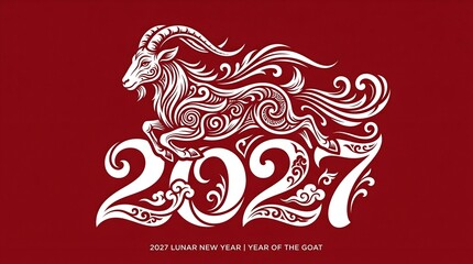 Fototapeta premium Year of the Goat 2027 Chinese New Year Silhouette Emblem Integrated with Calligraphic 2027 Numbers on Red Background
