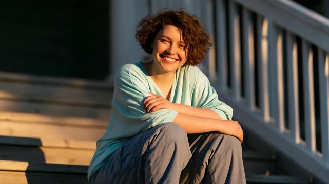 Young woman sitting on wooden steps in warm evening light for relaxed lifestyle background and portrait banner use