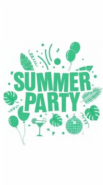 Green summer party emblem with bold "summer party" text surrounded by tropical leaves, balloons, disco ball and cocktail icons on white. subtle horizontal reveal motion suggesting slight zoom and pop.