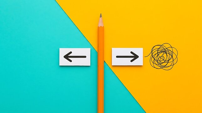Orange pencil dividing turquoise and yellow background with directional arrow signs