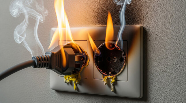 Electrical socket melting and burning from power overload hazard.