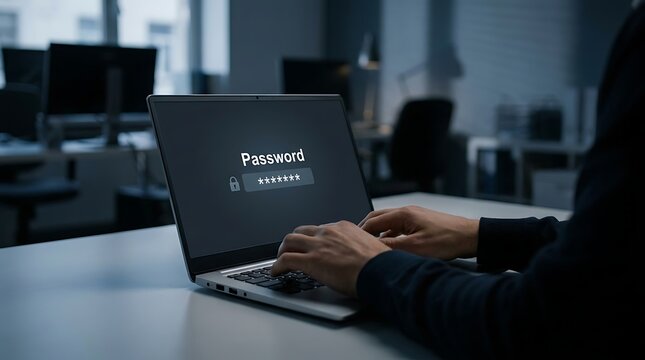 Person typing password on laptop screen in dark office for cybersecurity data protection.