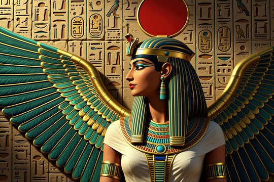 Profile of ancient Egyptian goddess Isis with majestic wings against stone wall with hieroglyphs. Divine lady wears golden headpiece, royal jewelry. Winged deity symbol of magic, motherhood in desert