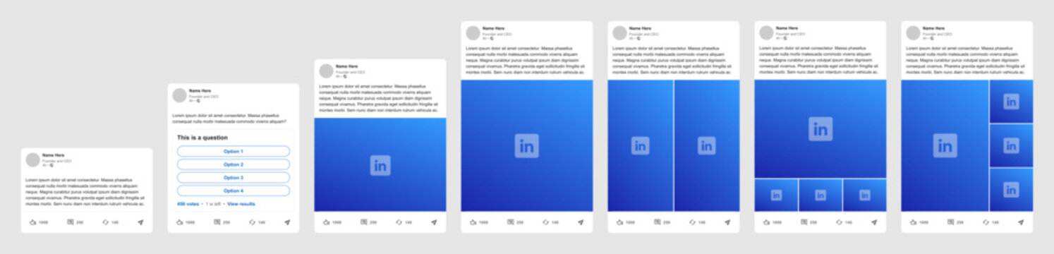 Simplified LinkedIn post template, new UI update in different sizes and modes, text, poll, and image variants.