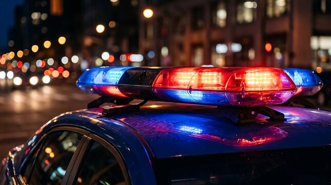 Police car emergency light bar flashing at night on city street