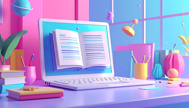open laptop displaying an open book, colorful desk with books, plants, and stationery, vibrant pastel colors, digital learning or remote work setup