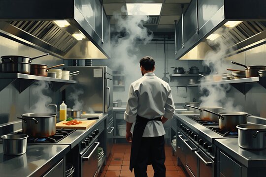 Chef stands in busy restaurant kitchen. Steam rises from pots on gas stoves. Stainless steel counters and shelves hold cookware. Culinary professional prepares food in a modern eatery.