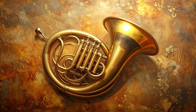 Golden French Horn on Textured Background.
