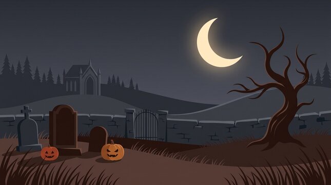 Spooky pixel art graveyard scene with glowing jack o lanterns under a crescent moon at night