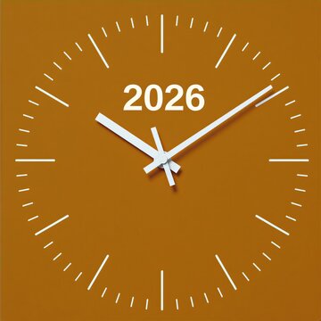 Minimalist clock face with number 2026 on orange background. Watch dial shows countdown for upcoming year. Simple graphic art represents modern time measurement. Clean symbol design conveys future
