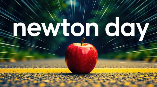 Red apple sits on road with yellow line. White text says newton day. Green blurry background suggests speed or motion. Symbolizes gravity discovery or physics.