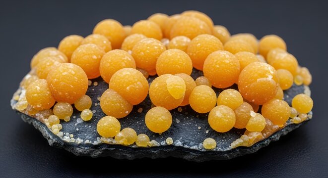 Macro view of orange botryoidal chalcedony mineral formation on dark rock with soft studio lighting
