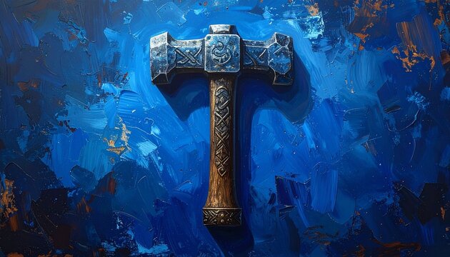Ancient Viking Hammer on Textured Blue Background.