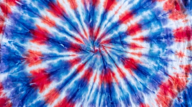 Vibrant red and blue tie dye spiral pattern on fabric texture background