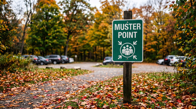 Green muster point sign in autumnal forest with fallen leaves, symbolizing meeting or assembly location in nature