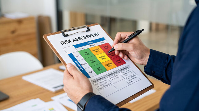Hand holding pen over risk assessment chart showing likelihood vs impact matrix, symbolizing planning and strategy