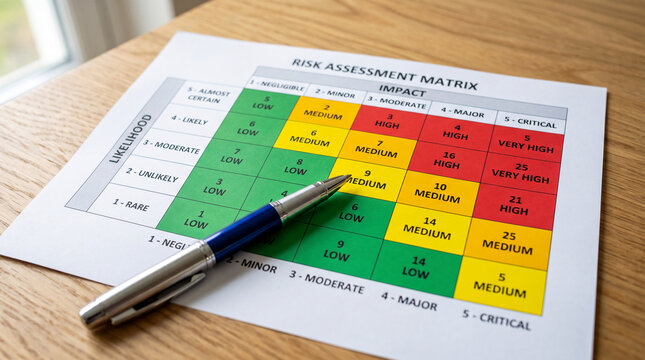 Risk assessment matrix with colored cells and a pen, representing analysis and planning for business or project management.