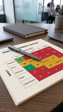 A risk assessment matrix with a pen on a wooden desk, symbolizing business strategy and planning in an office environment