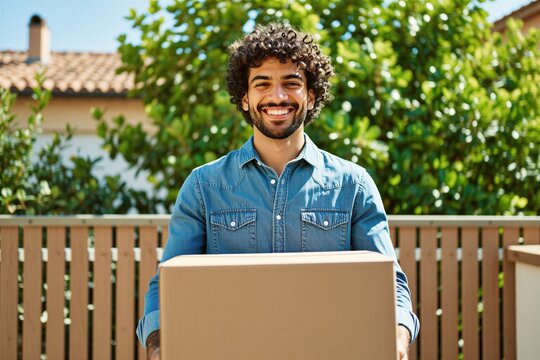 Smiling curly haired man holds cardboard box outdoors at sunny house background. Friendly pro mover carries parcel package for home relocation service. Happy loader worker delivers shipment for