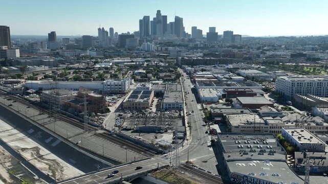Los Angeles Downtown from Main Street Bridge Aerial Shot Forward California USA