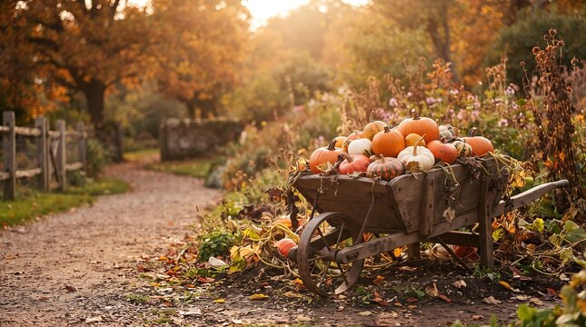 Autumn-Pumpkin Harvest In Rustic Wooden Wheelbarrow, Colorful Gourds And Squash In A Sunlit Garden, Warm Fall Foliage, Country Pathway And Seasonal Countryside Scene