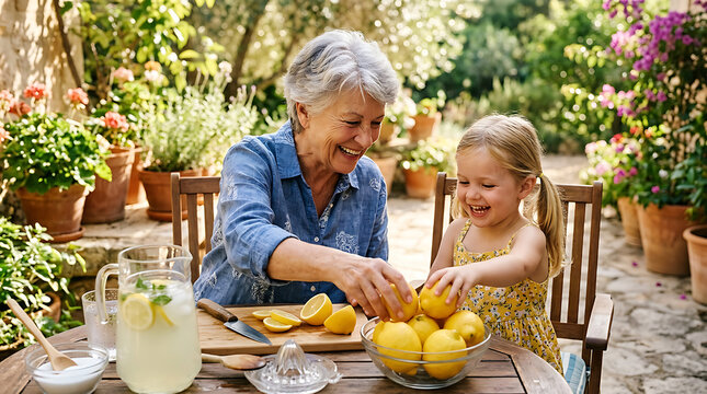 joyful intergenerational moment with grandma and granddaughter preparing fresh lemons outdoors