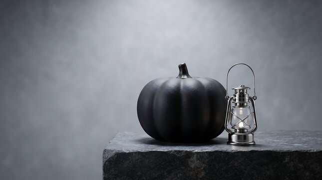 Dark ceramic Halloween pumpkin and antique silver lantern on concrete block in misty atmosphere