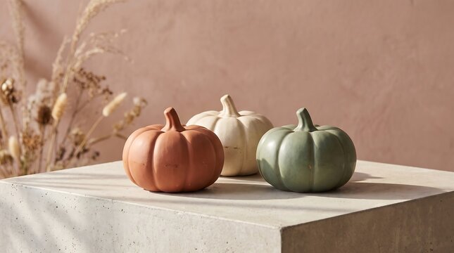 Handmade ceramic Halloween pumpkins displayed on concrete ledge with dried grasses for autumn decor