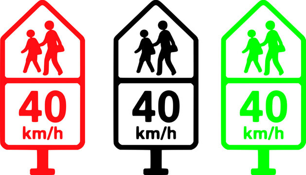 Set of three colorful school zone road signs with forty kilometers per hour speed limit in red black and green for traffic safety design.