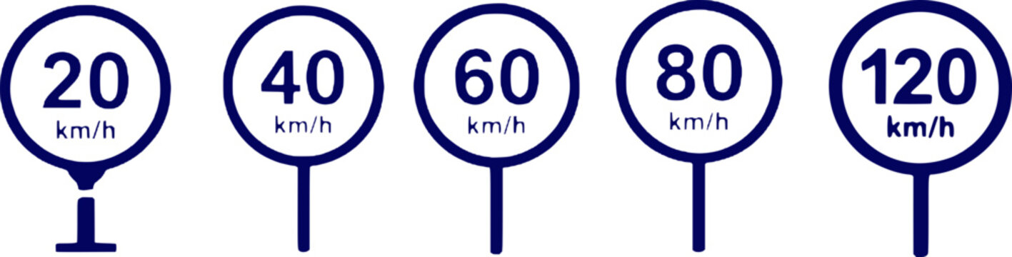Collection of five dark blue circular road speed limit signs ranging from twenty to one hundred twenty kilometers per hour for traffic.