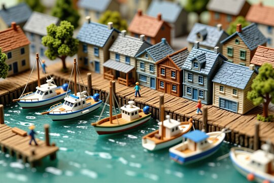 Miniature model harbor town features small wooden houses, detailed boats docked at wooden wharf. Tiny figurines walk on pier near calm blue water. Scale scenery represents quaint maritime village