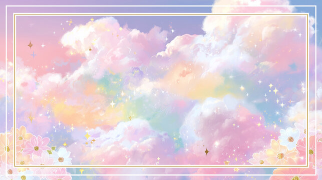 Pastel sky background with fluffy clouds flowers and gold border