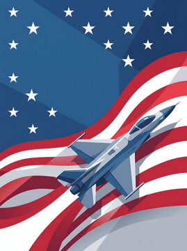 Bold flat vector illustration of a fighter jet soaring diagonally over a stylized American flag with stars and stripes, perfect for air force birthday celebration.