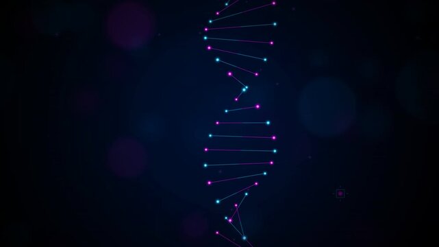 Luminous DNA Double Helix: A 3D abstract animation featuring a glowing DNA molecule made of vibrant purple and blue particles rotating against a dark background, representing futuristic genetics and s