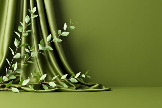 Olive green silk curtain with gentle folds, branches of leaves. Minimalist empty product display stage for branding. Natural beauty scene with fabric texture for skincare cosmetic mockups. Elegant