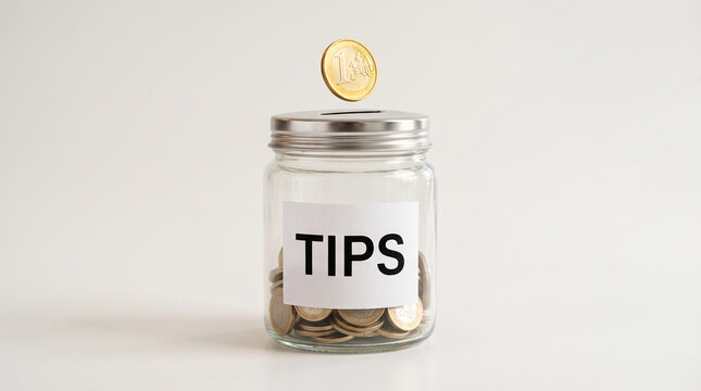 Glass jar with coins and a coin mid-air, symbolizing accumulation and generosity for tips. Concept of saving.