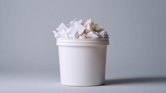White trash bin overflowing with crumpled paper