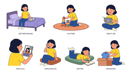 Happy young girl engaged in various daily activities, from reading and playing to tablet use and video calls, illustrating childhood and leisure, for educational materials, storytelling and lifestyle