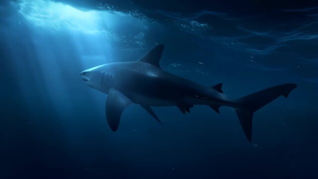 Shark Swimming Through Deep Blue Ocean with Beams of Light Piercing the Water Surface and Deep Ocean and Underwater